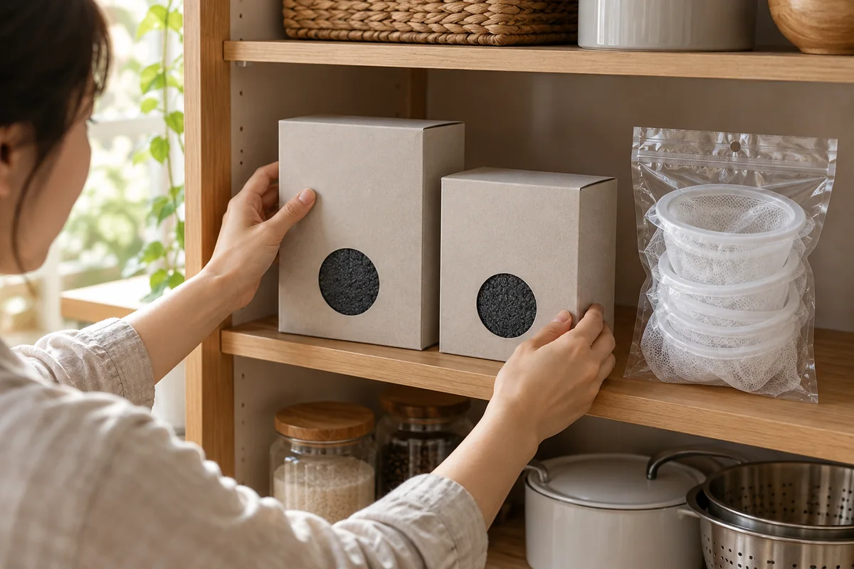 消耗品の箱とネットの在庫を分けるイメージ