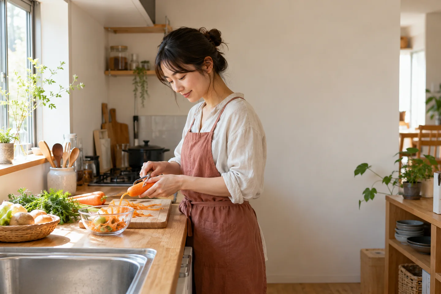 小さな台所で調理し、野菜くずの置き場を考える暮らしの生成イメージ