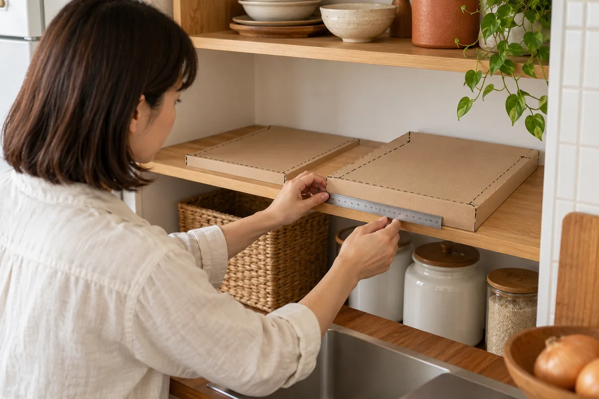 棚の上で異なる奥行きの紙見本を比較するイメージ