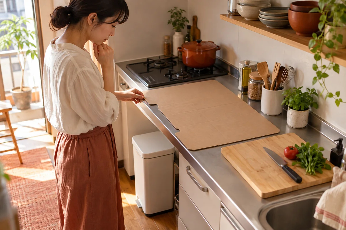 小さな台所で紙の外形見本と調理スペースを見比べるイメージ